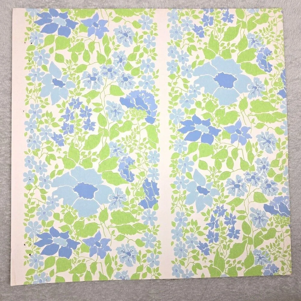 Vintage Wallpaper Sample Sheet 70s Floral Blue Flowers Craft Supply Dollhouse